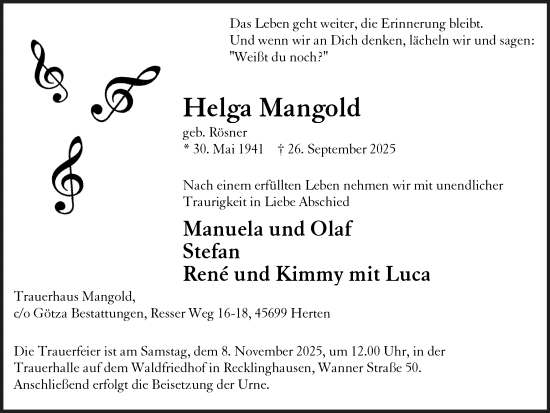 Traueranzeige von Helga Mangold von Trauer Vest