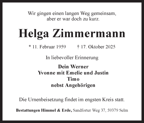 Traueranzeige von Helga Zimmermann von Lüner Anzeiger