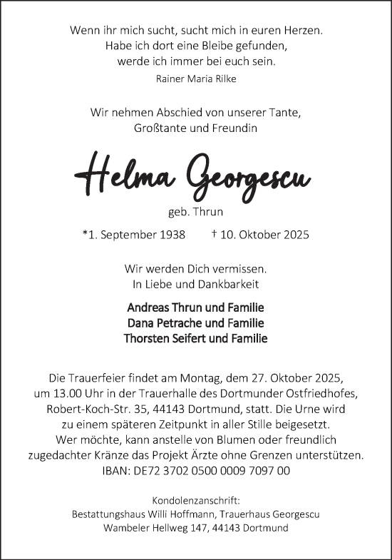 Traueranzeige von Helma Georgescu von Ruhr Nachrichten