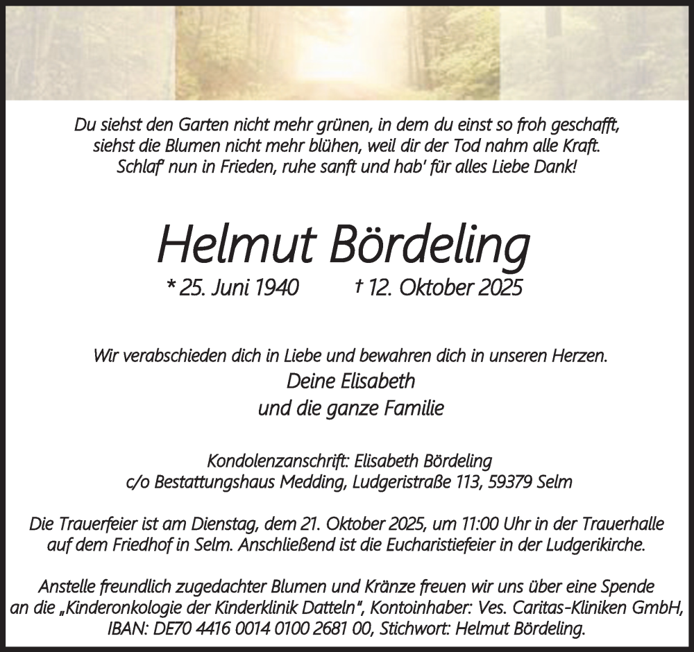  Traueranzeige für Helmut Bördeling vom 18.10.2025 aus Ruhr Nachrichten