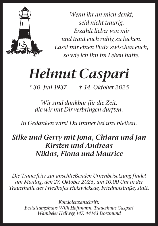 Traueranzeige von Helmut Caspari von Ruhr Nachrichten