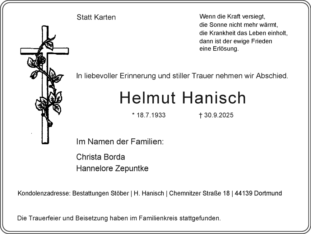  Traueranzeige für Helmut Hanisch vom 18.10.2025 aus Ruhr Nachrichten