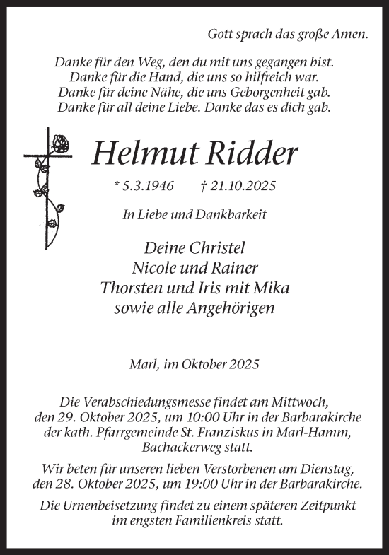 Traueranzeige von Helmut Ridder von Trauer Vest