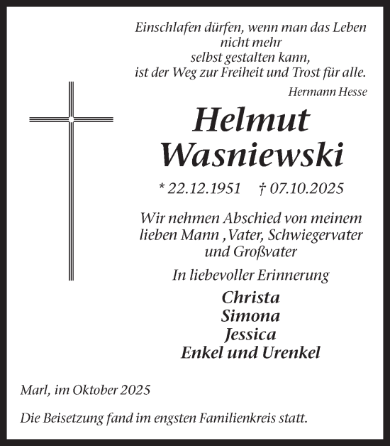 Traueranzeige von Helmut Wasniewski von Trauer Vest