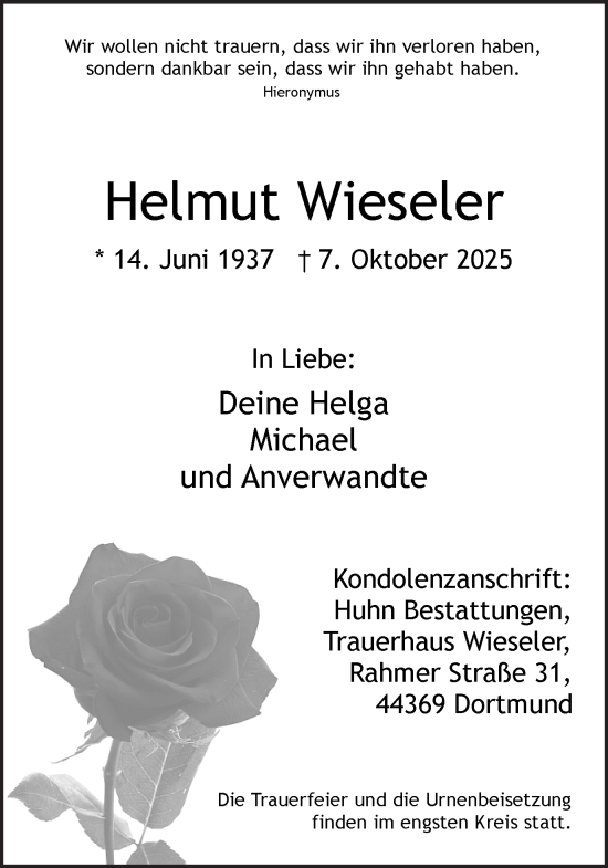 Traueranzeige von Helmut Wieseler von Ruhr Nachrichten