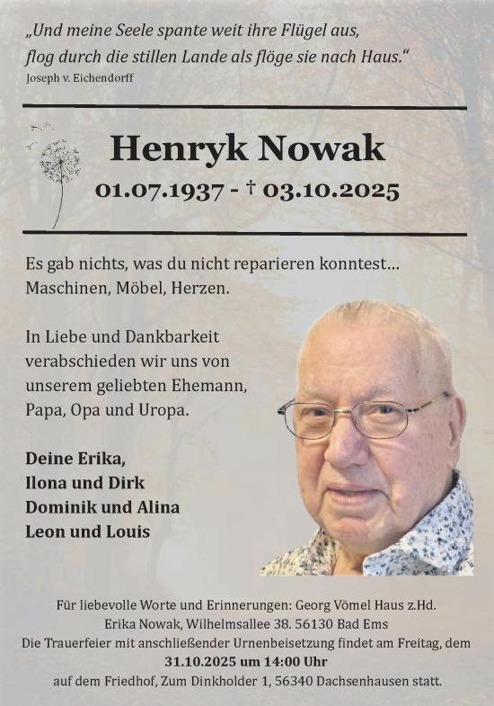 Traueranzeige von Henryk Nowak von Ruhr Nachrichten