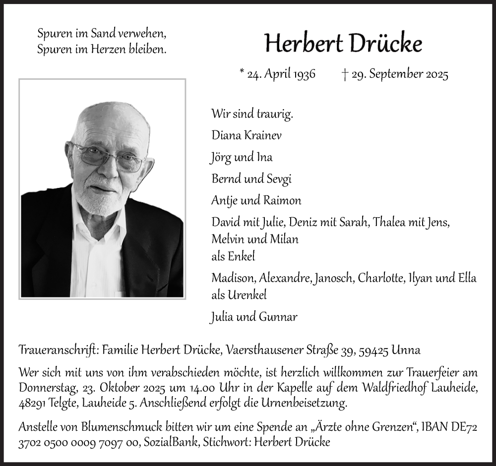  Traueranzeige für Herbert Drücke vom 18.10.2025 aus Hellweger Anzeiger
