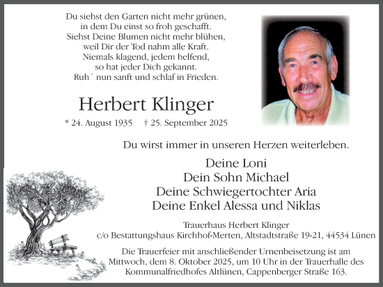 Traueranzeige von Herbert Klinger von Lüner Anzeiger