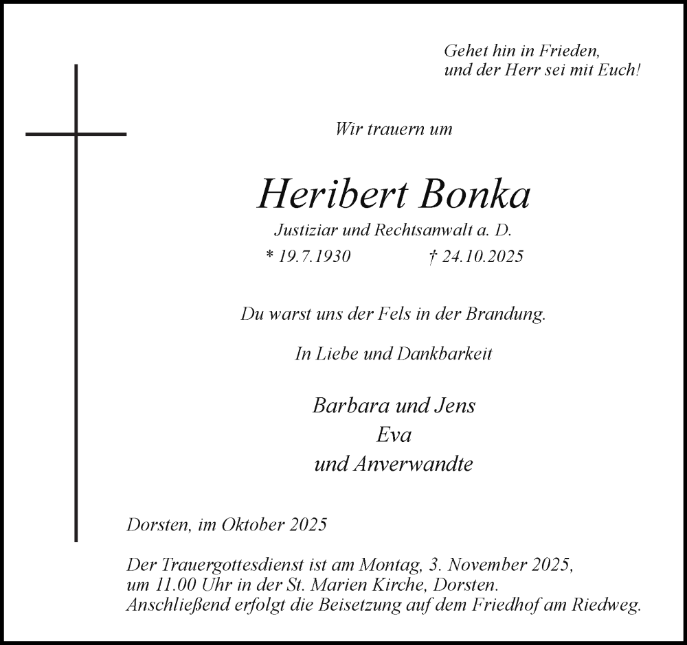  Traueranzeige für Heribert Bonka vom 31.10.2025 aus Ruhr Nachrichten und Dorstener Zeitung