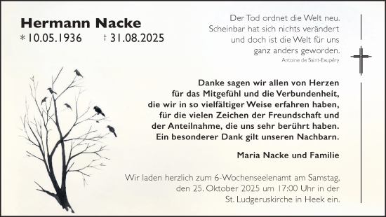 Traueranzeige von Hermann Nacke von Münsterland Zeitung
