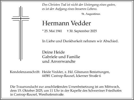 Traueranzeige von Hermann Vedder von Stadtanzeiger Castrop-Rauxel