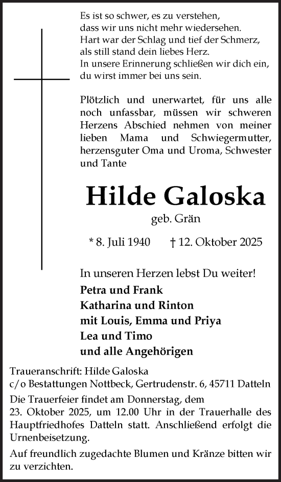 Traueranzeige von Hilde Galoska von Trauer Vest