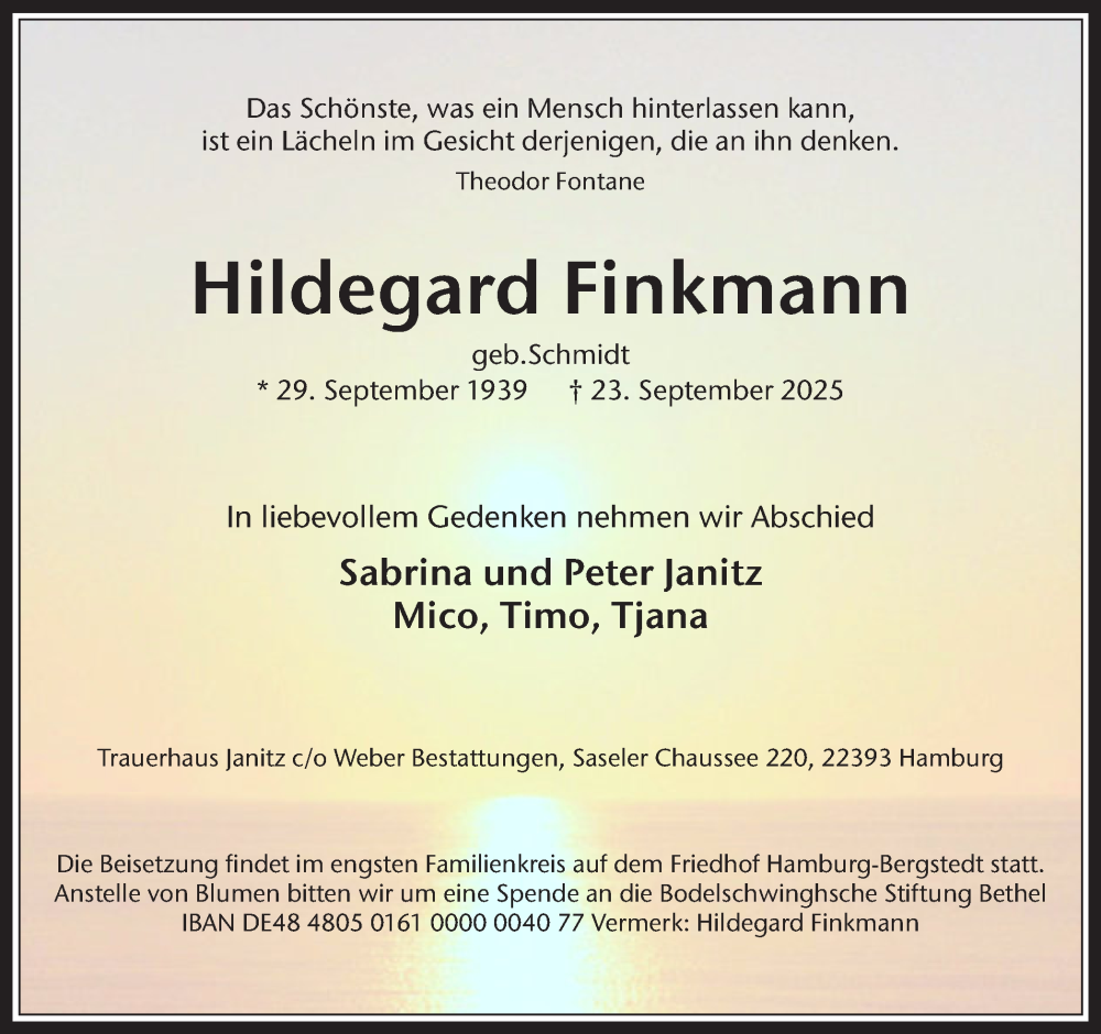  Traueranzeige für Hildegard Finkmann vom 11.10.2025 aus Trauer Vest