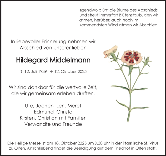 Traueranzeige von Hildegard Middelmann von Ruhr Nachrichten
