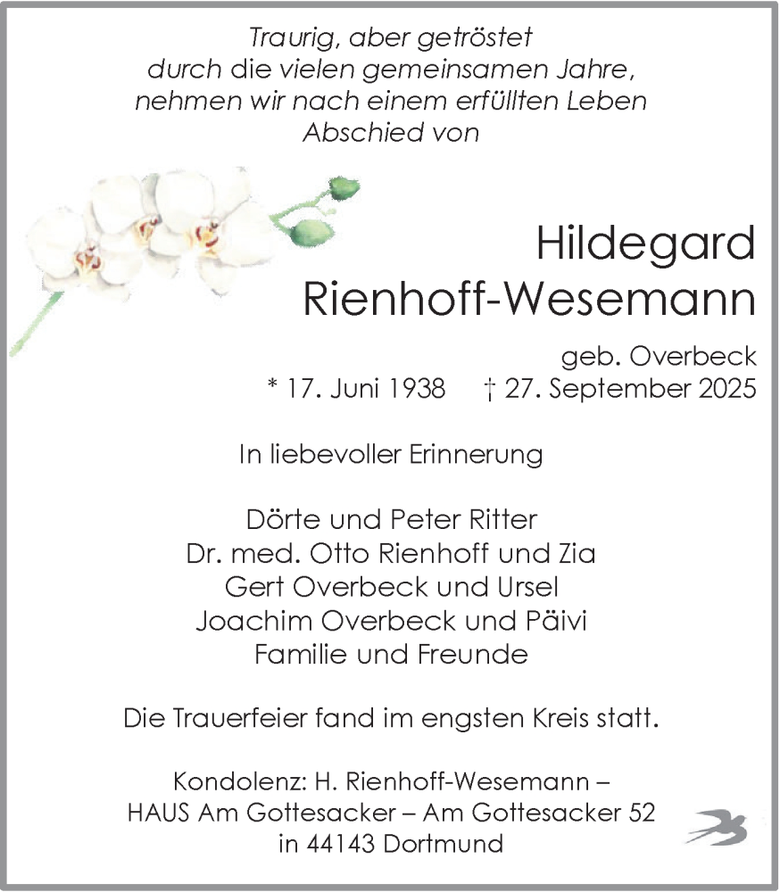  Traueranzeige für Hildegard Rienhoff-Wesemann vom 25.10.2025 aus Ruhr Nachrichten