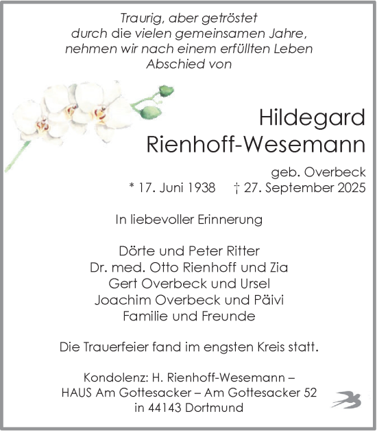 Traueranzeige von Hildegard Rienhoff-Wesemann von Ruhr Nachrichten