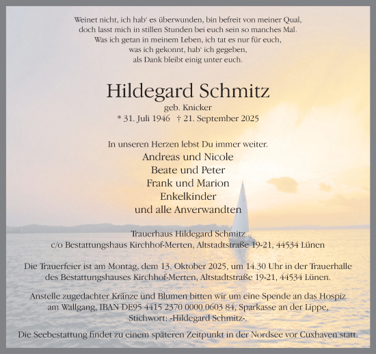 Traueranzeige von Hildegard Schmitz von Lüner Anzeiger