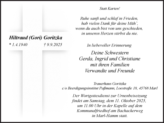 Traueranzeige von Hiltraud Goritzka von Trauer Vest