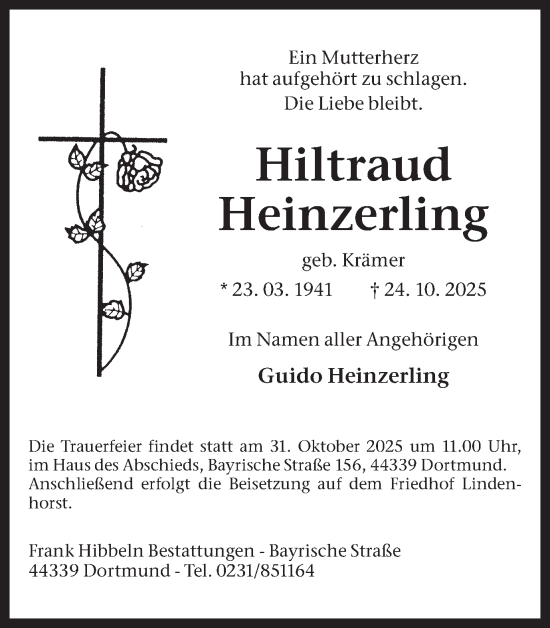 Traueranzeige von Hiltraud Heinzerling von Ruhr Nachrichten