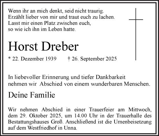 Traueranzeige von Horst Dreber von Hellweger Anzeiger