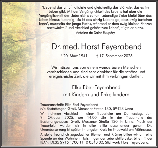 Traueranzeige von Horst Feyerabend von Hellweger Anzeiger