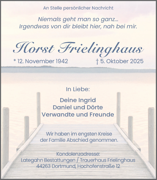 Traueranzeige von Horst Frielinghaus von Ruhr Nachrichten