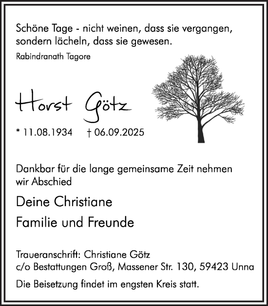 Traueranzeige von Horst Götz von Hellweger Anzeiger