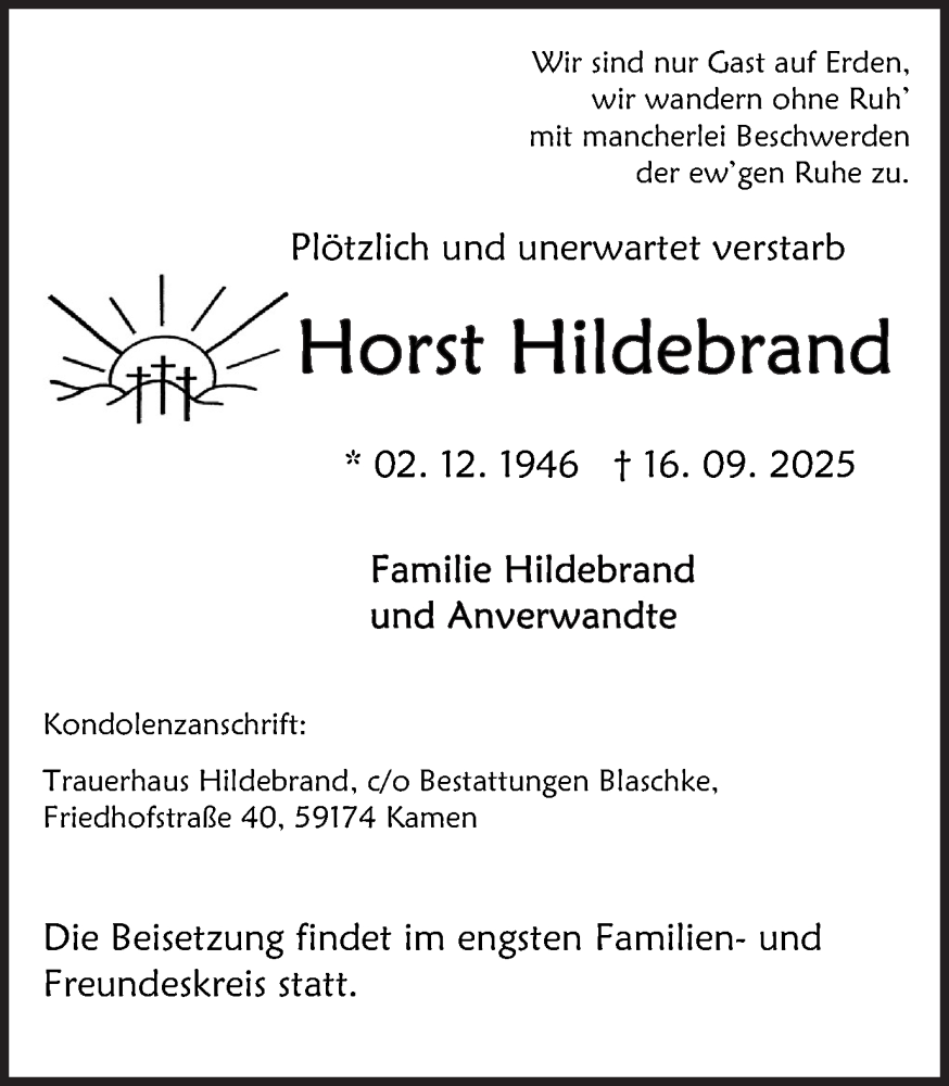  Traueranzeige für Horst Hildebrand vom 27.09.2025 aus Hellweger Anzeiger