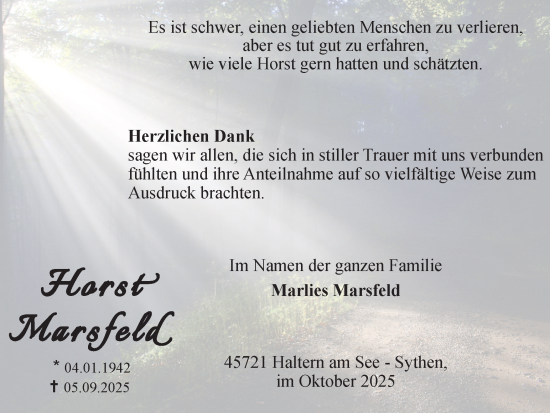 Traueranzeige von Horst Marsfeld von Ruhr Nachrichten und Halterner Zeitung