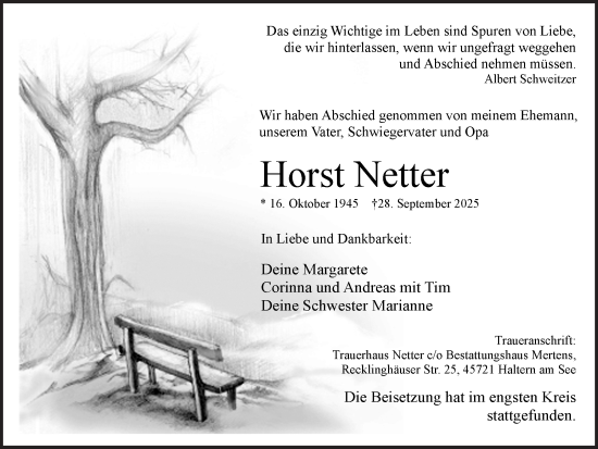 Traueranzeige von Horst Netter von Ruhr Nachrichten und Halterner Zeitung