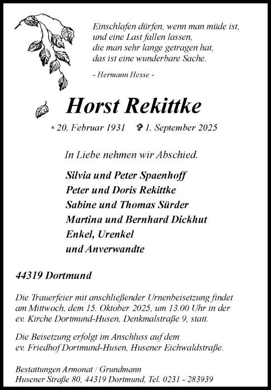 Traueranzeige von Horst Rekittke von Ruhr Nachrichten