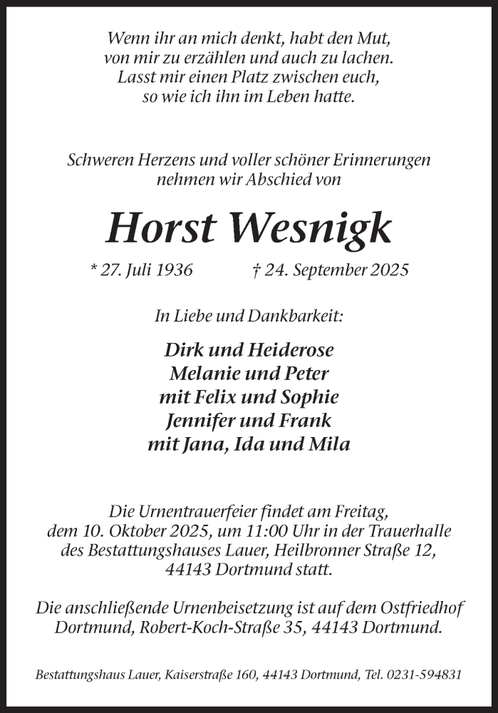  Traueranzeige für Horst Wesnigk vom 04.10.2025 aus Ruhr Nachrichten