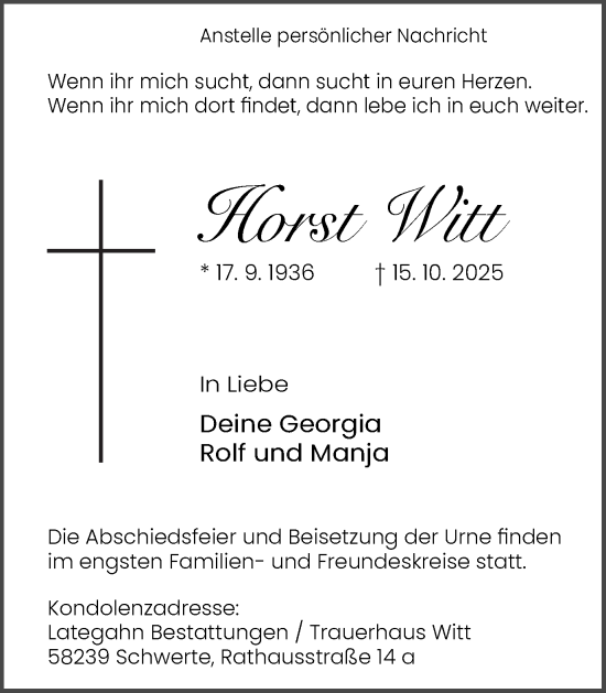 Traueranzeige von Horst Witt von Ruhr Nachrichten