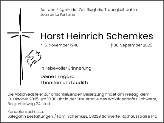 Traueranzeige von Horst Heinrich Schemkes von Ruhr Nachrichten