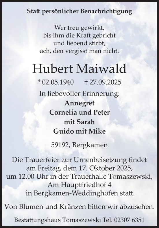 Traueranzeige von Hubert Maiwald von Hellweger Anzeiger