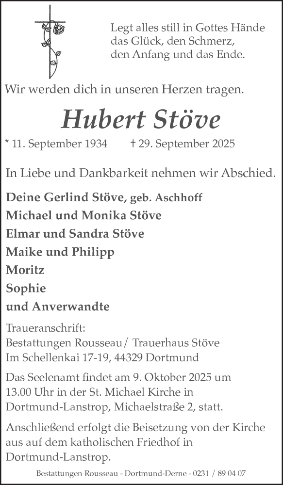  Traueranzeige für Hubert Stöve vom 04.10.2025 aus Ruhr Nachrichten
