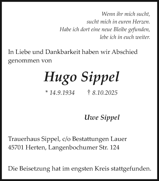 Traueranzeige von Hugo Sippel von Trauer Vest