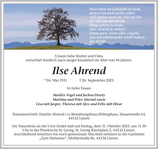 Traueranzeige von Ilse Ahrend von Lüner Anzeiger