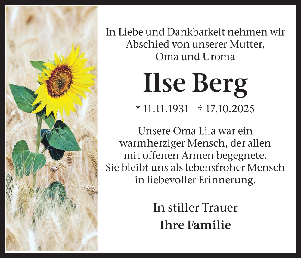  Traueranzeige für Ilse Berg vom 01.11.2025 aus City Anzeiger Dortmund