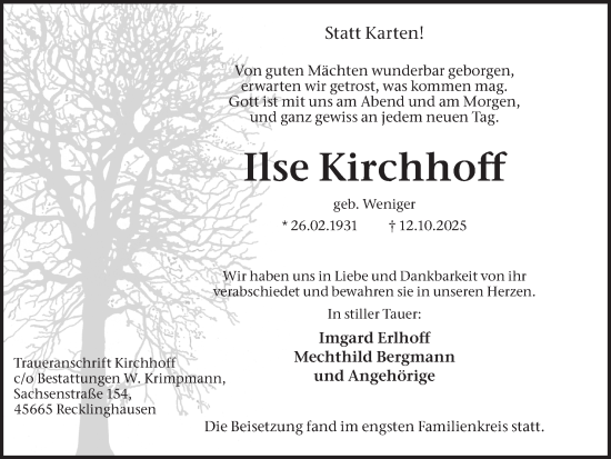 Traueranzeige von Ilse Kirchhoff von Trauer Vest