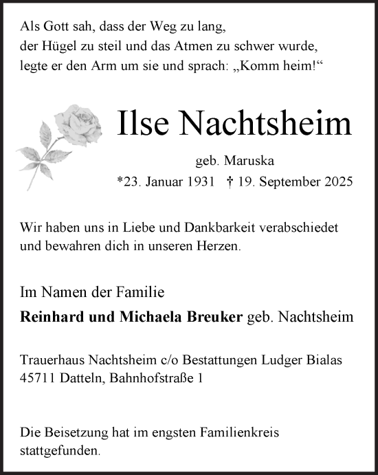 Traueranzeige von Ilse Nachtsheim von Trauer Vest