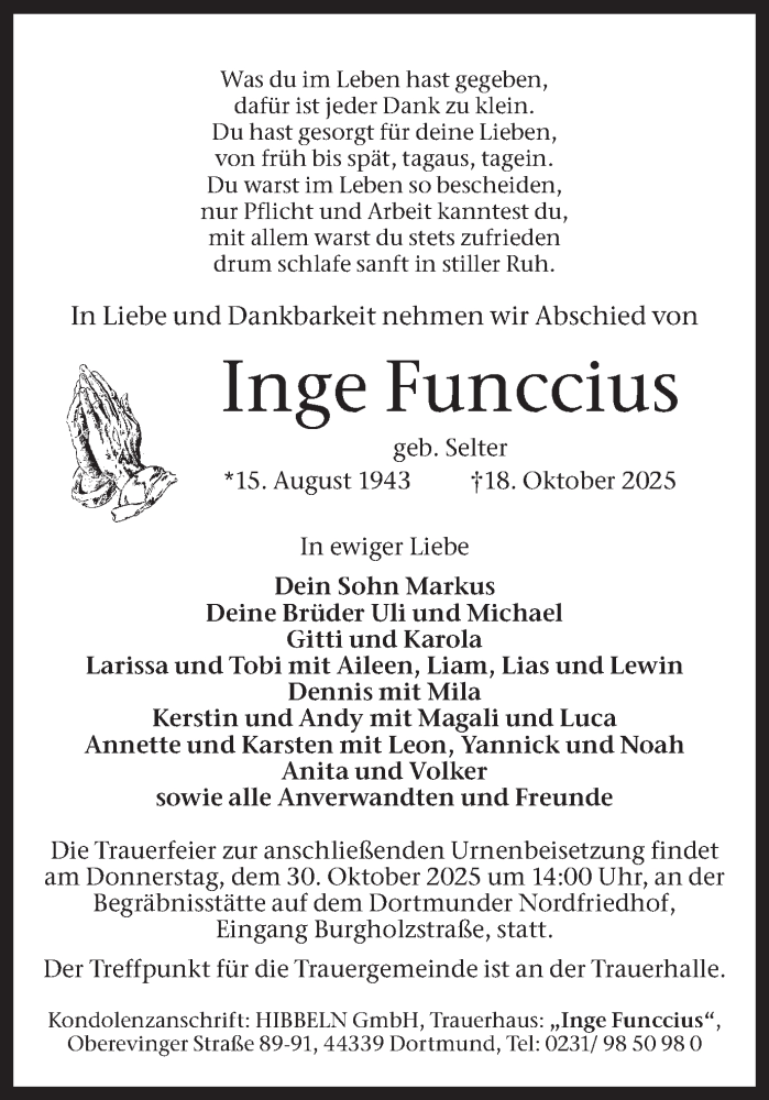  Traueranzeige für Inge Funccius vom 27.10.2025 aus Ruhr Nachrichten