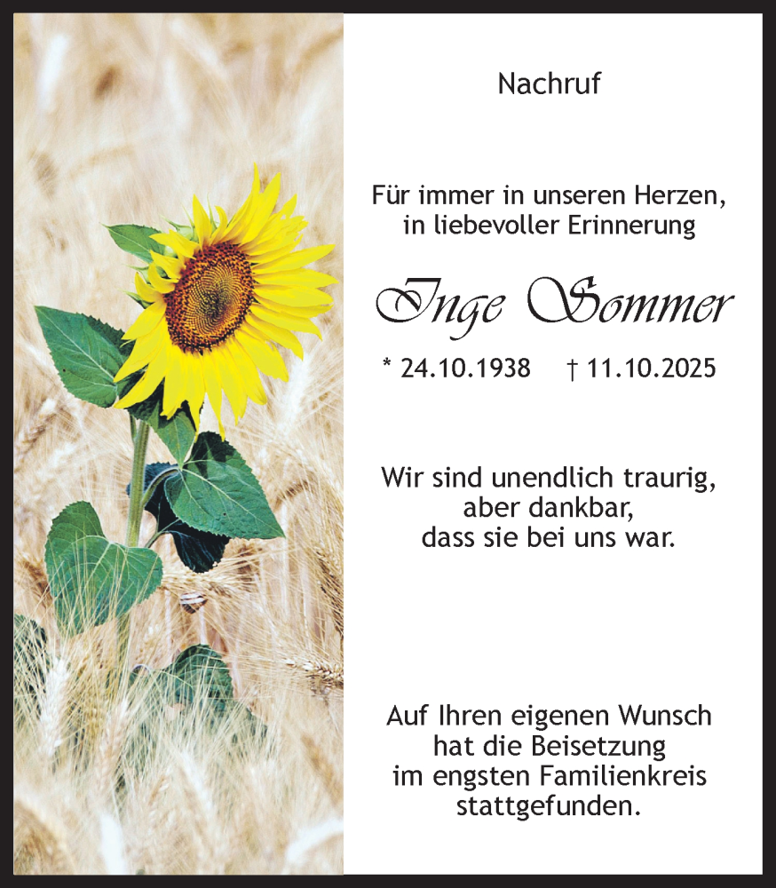  Traueranzeige für Inge Sommer vom 29.10.2025 aus Ruhr Nachrichten und Dorstener Zeitung