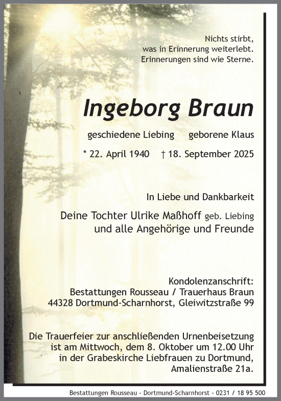 Traueranzeige von Ingeborg Braun von Ruhr Nachrichten