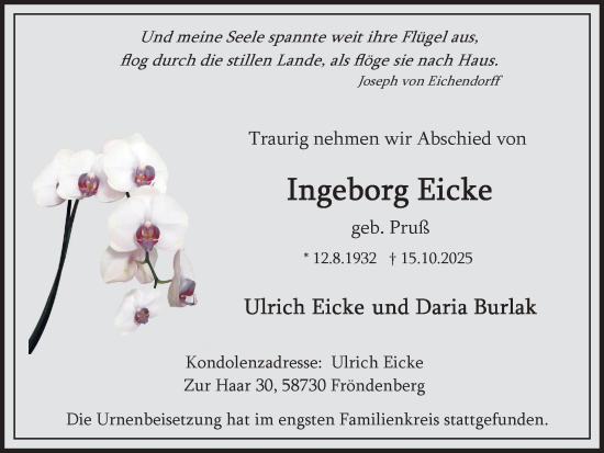 Traueranzeige von Ingeborg Eicke von Hellweger Anzeiger