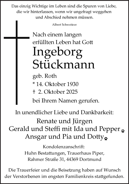 Traueranzeige von Ingeborg Stückmann von Ruhr Nachrichten