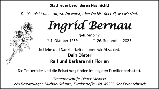 Traueranzeige von Ingrid Bernau von Trauer Vest
