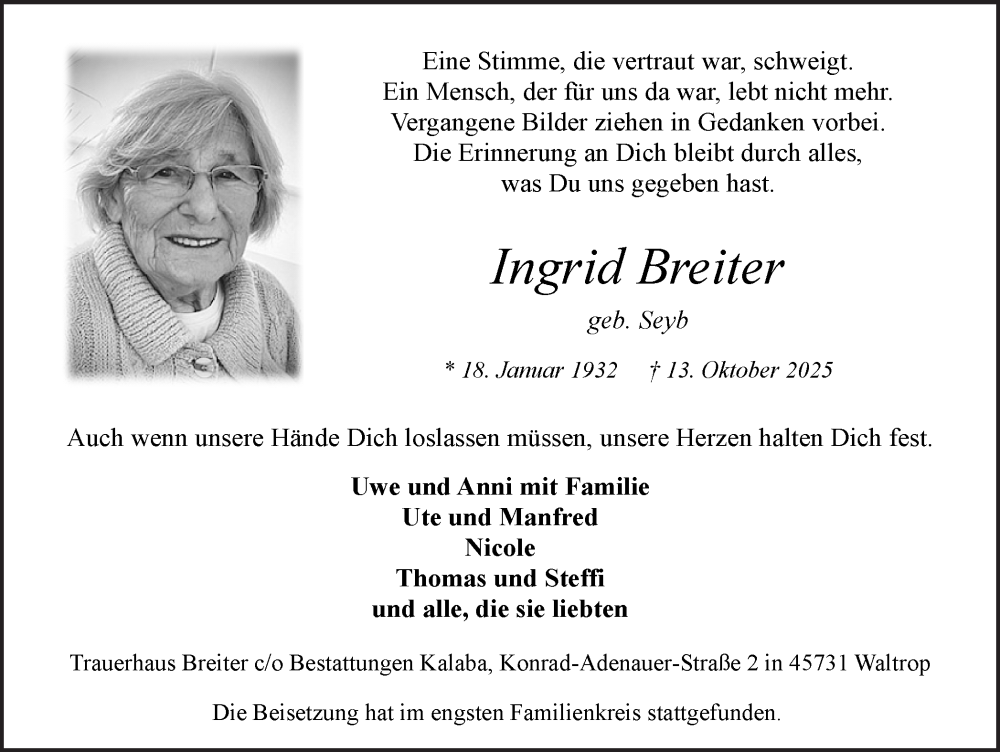  Traueranzeige für Ingrid Breiter vom 22.10.2025 aus Trauer Vest