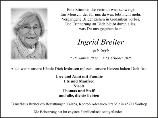Traueranzeige von Ingrid Breiter von Trauer Vest