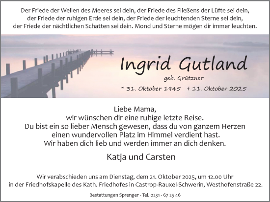 Traueranzeige von Ingrid Gutland von Stadtanzeiger Castrop-Rauxel